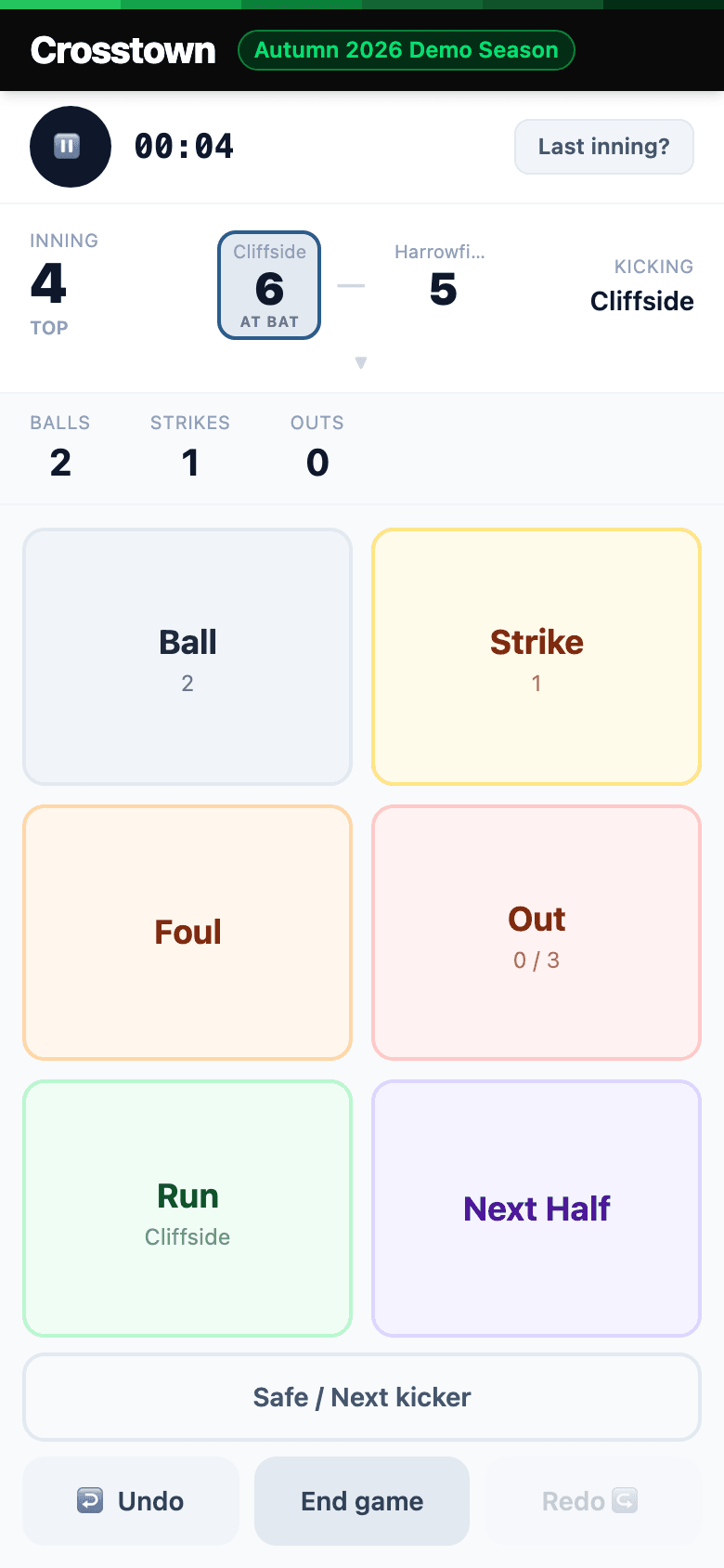 The scoring app on a phone, mid-game: the current period and both scores across the top, the live count beneath, then six large tap targets for each thing an official records, with undo and redo along the bottom.